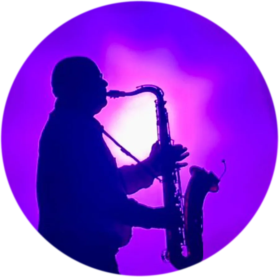 Phil performing saxophone inside the circular projection screen